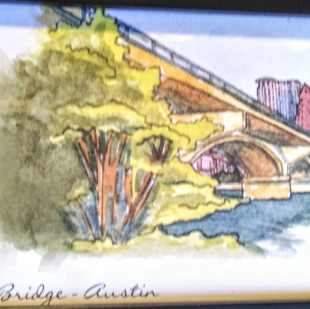 Framed Watercolor Print Bat Bridge Austin Texas